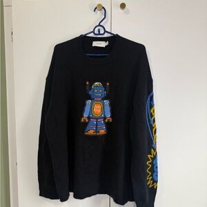 Coach Black Crewneck Sweater with Blue & Orange Robot Graphic